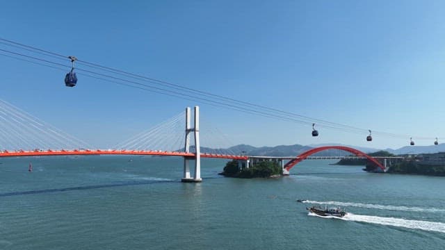 Bridge with cable cars over a river
