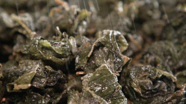 Sprinkling sugar on fried perilla leaves