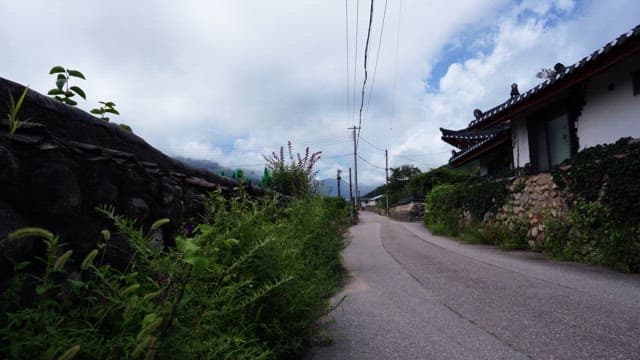 Quiet village path leading to traditional houses