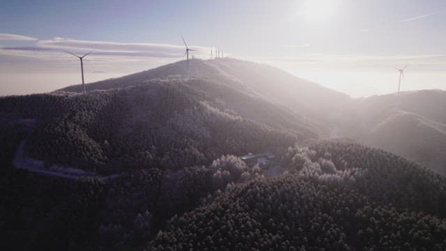 Wind Generators Overlooking a Snowy and Frosty Forest