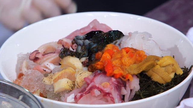 Cold raw fish soup with various kinds of seafood