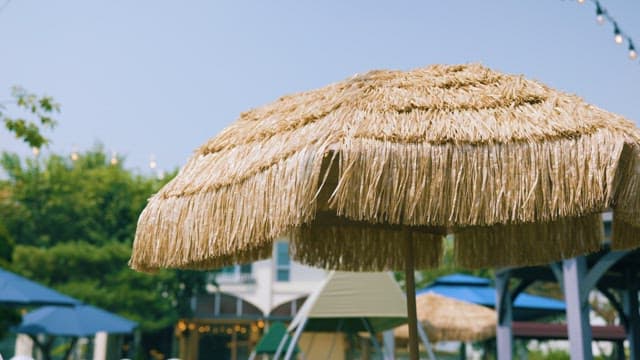 Thatched Parasol on a Sunny Resort Patio