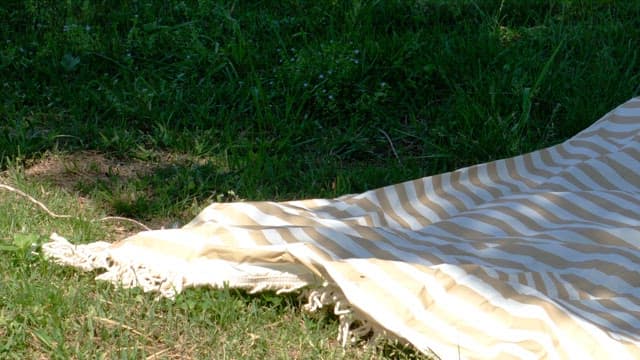 Striped tarp on green grass
