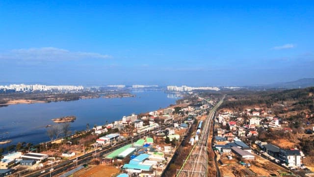 Busy Riverside Cityscape Under Clear Skies