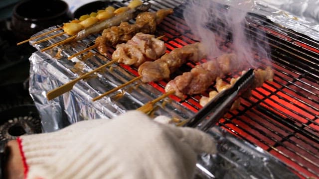 Skewered meat grilling over hot coals