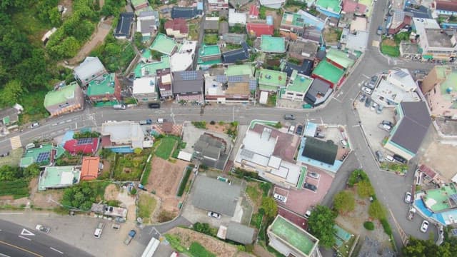 Coastal town with colorful rooftops and harbor