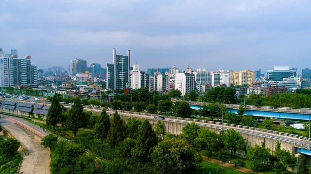 Overlooking view of a bustling cityscape