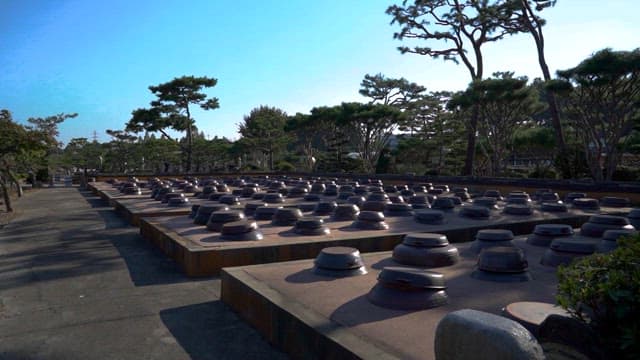 Traditional ceramic pots in a serene garden