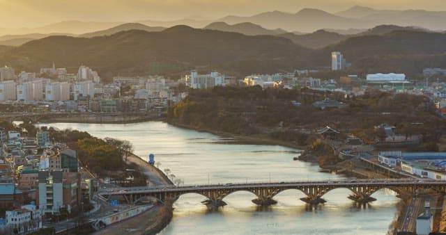Panoramic view and sky of riverside city from day to night