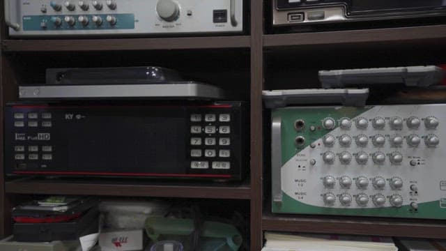 Retro Equipment Collection on Shelves