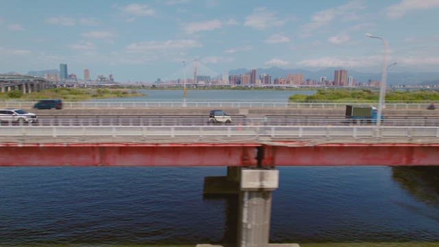 Bustling highway with city skyline