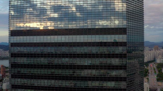 City skyline with skyscrapers at sunset