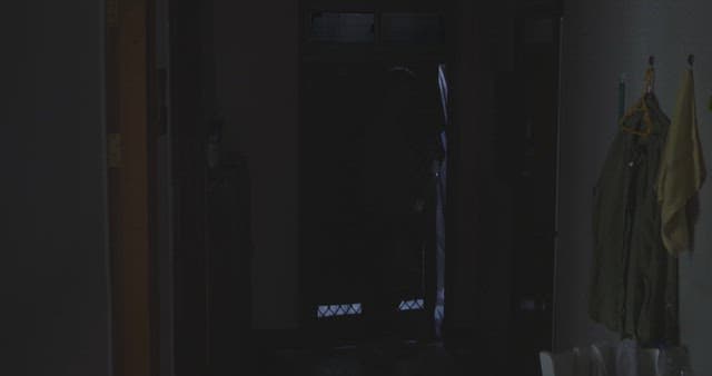 Man entering a dimly-lit houset holding a plastic bag