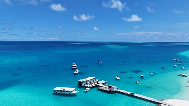 Boats docked on a clear blue sea