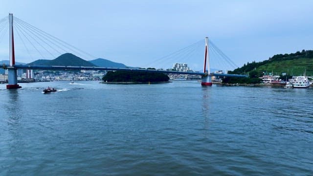 Suspension Bridge Over The River In The City