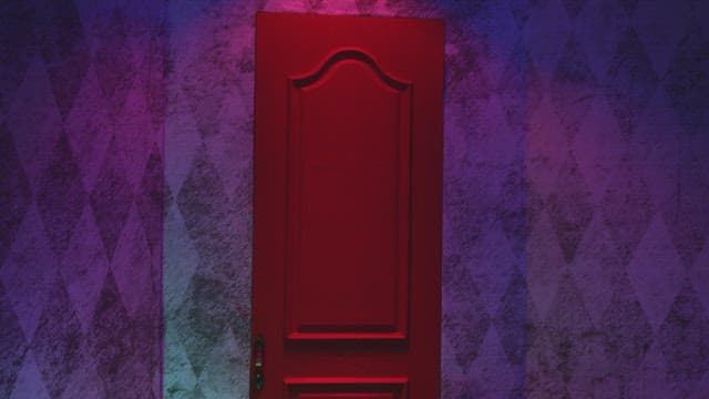 Colorful patterned wallpaper and red door