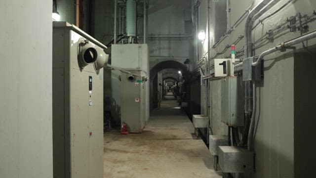 Long corridors and ceilings inside an industrial facility with machinery
