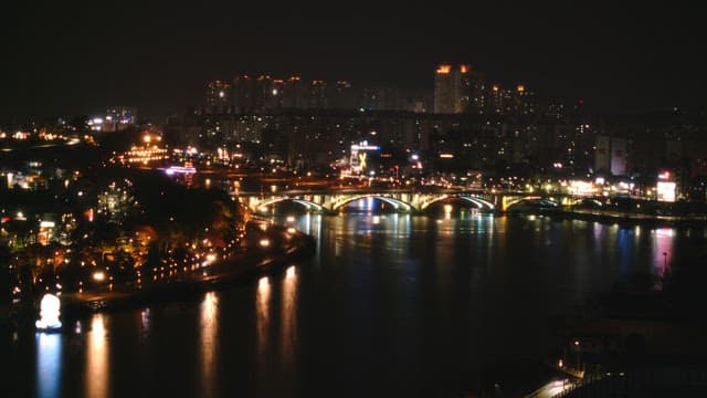 Night view of a city with illuminated bridges over a river