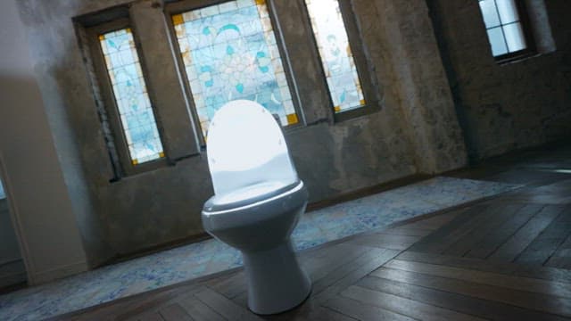 Brightly lit toilet seat in a rustic, tiled room with large stained glass windows