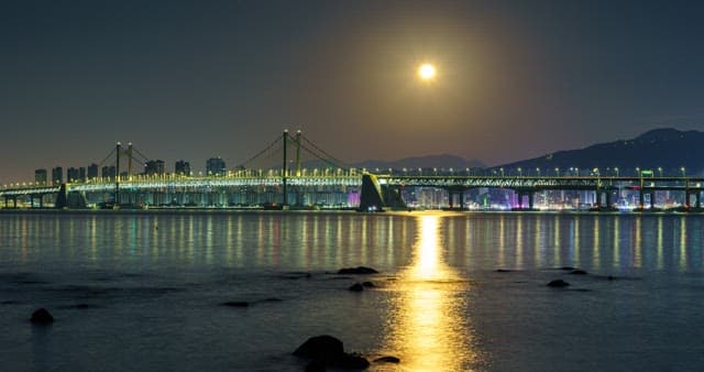 Busan cityscape and Gwangan Bridge illuminated under the full moon