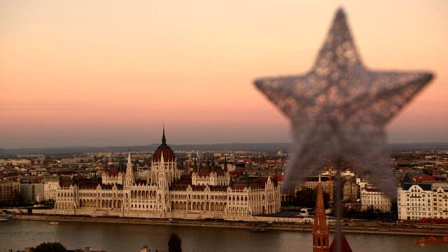 European Cityscape with Star Shaped Lights and Twilight