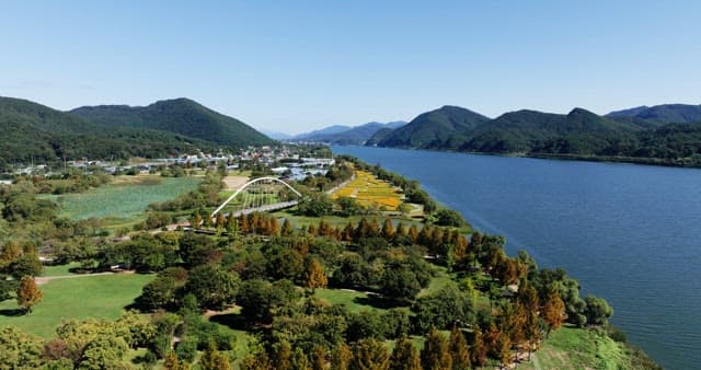 Scenic river with lush green mountains