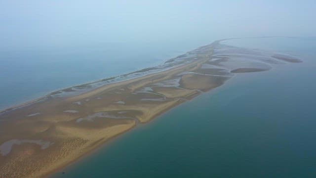 Sandy coastline stretching into the misty horizon over calm blue waters