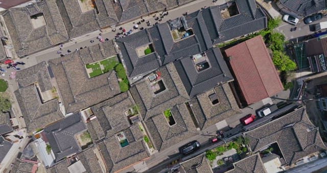 Traditional rooftops in a bustling city