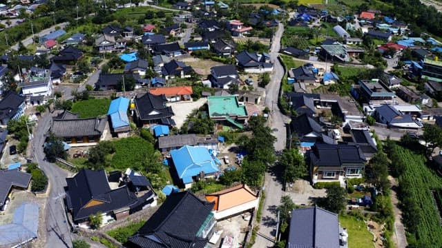 Small town with traditional houses on a sunny day