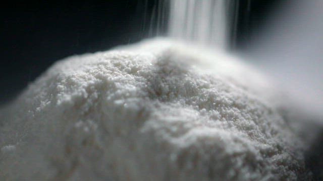 White lactobacillus powder falling on dark background