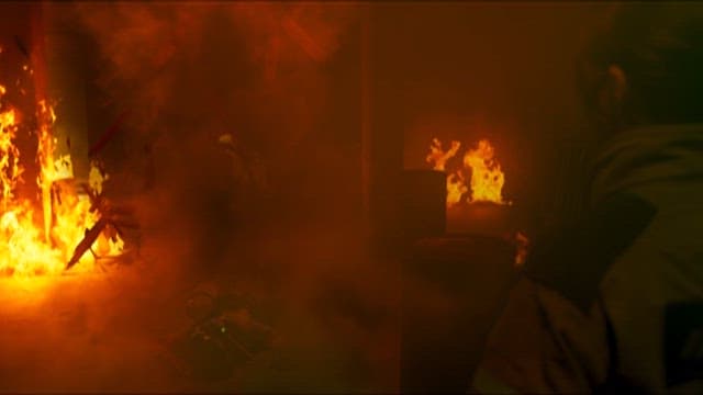 Inside a Building Engulfed in Flames with Debris Falling