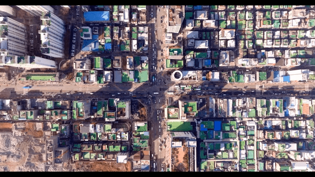 Aerial view of a busy city intersection