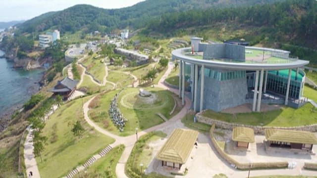 Aerial View of Coastal Cultural Park in Sunny Day