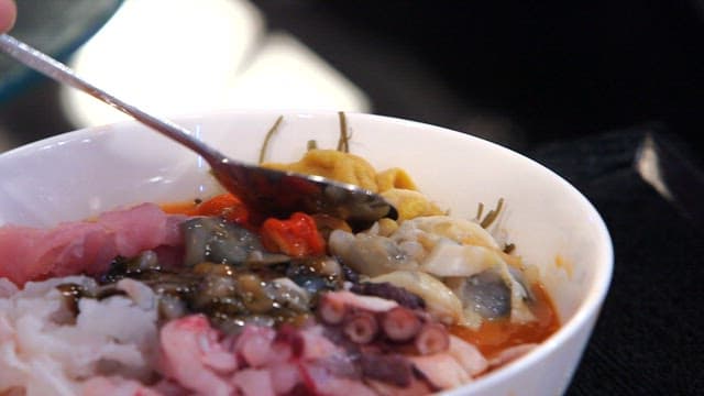 Cold raw fish soup with various kinds of seafood