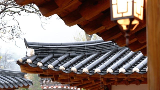 Peaceful traditional roofs of Hanok on a rainy day
