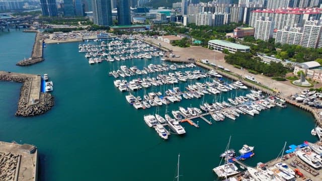 Busan's coastline with skyscrapers and yacht marinas