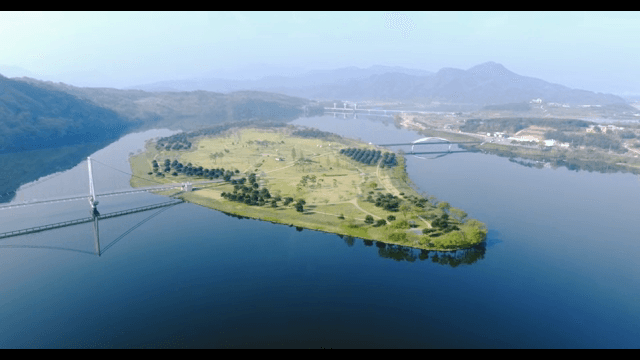 Serene island with bridges and mountains