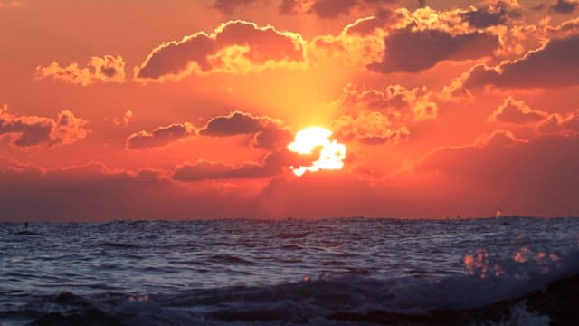 Sea under a Red Sky with a Beautiful Sunset