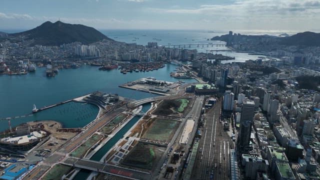 Bustling port city with modern buildings