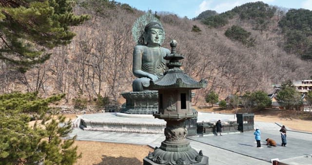 Visitors at a Buddhist temple with large statue