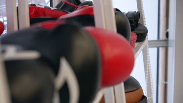 Boxing gloves neatly arranged on a shelf