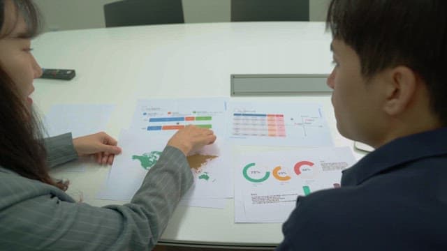 Team discussing business charts and data