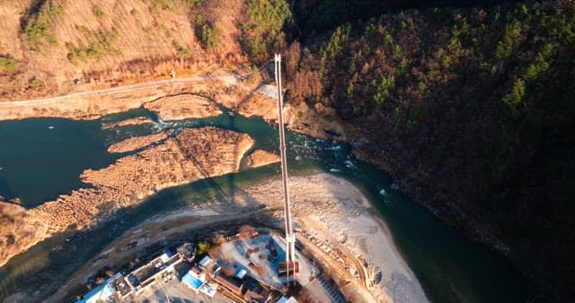 Aerial View of a Suspension Bridge Over a River