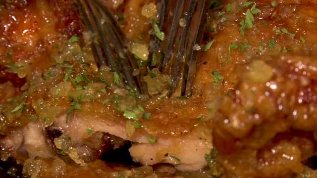 Golden brown, moist, seasoned fried chicken flesh