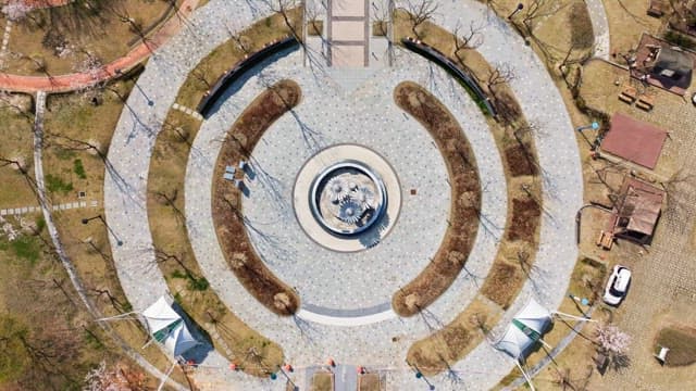 Circular park with a central fountain