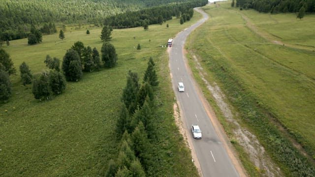 Winding road through lush green fields
