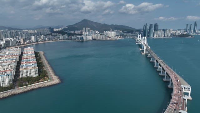 Coastal city with a large bridge