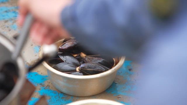 Person ladling fresh mussels cooking in a pot