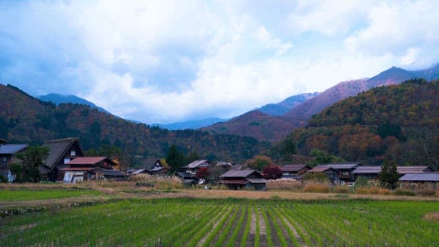 Serene Rural Village at the Foot of Autumn Mountains