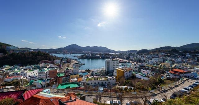 Scenery from day to evening of a busy port city